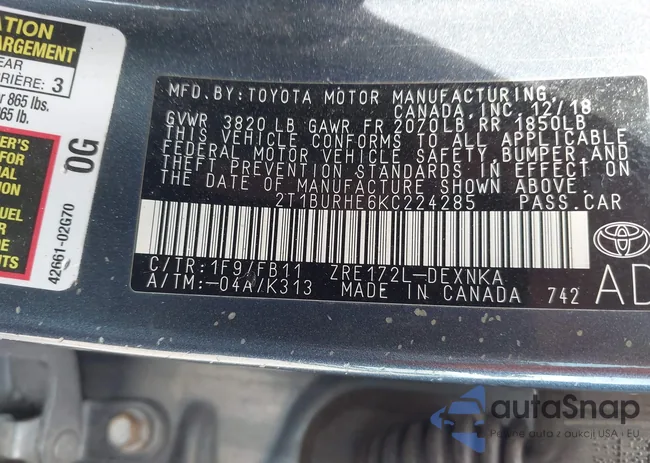 2T1BURHE6KC224285: 42710887