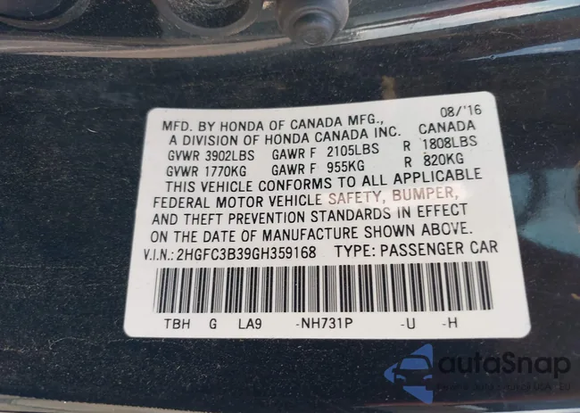 2HGFC3B39GH359168: 42710909