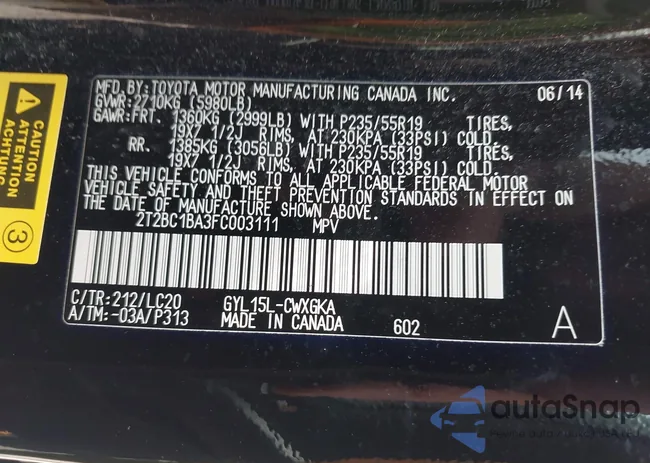 2T2BC1BA3FC003111: 42713582