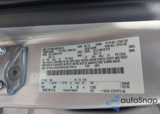 1FMCU9GD5HUA17813: 42716387