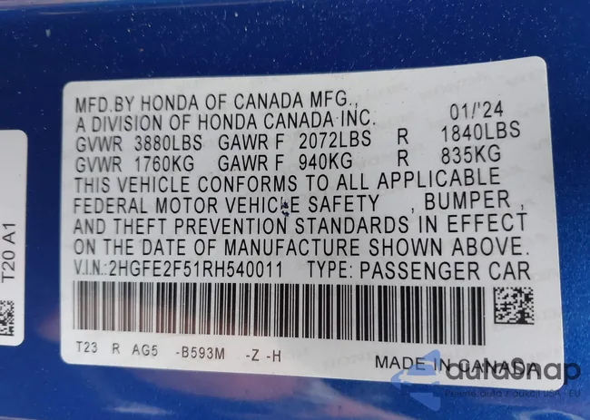 2HGFE2F51RH540011: 42716076