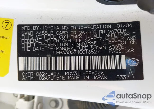 JTHBA30G740016527: 42720009