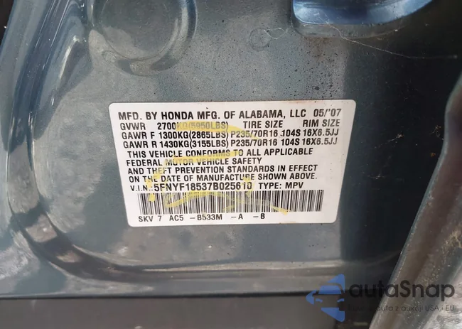 5FNYF18537B025610: 42721363