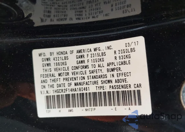 1HGCR2F14HA180461: 42727767