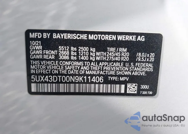 5UX43DT00N9K11406: 42733261