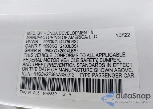 1HGCV2F38NA020012: 42733382