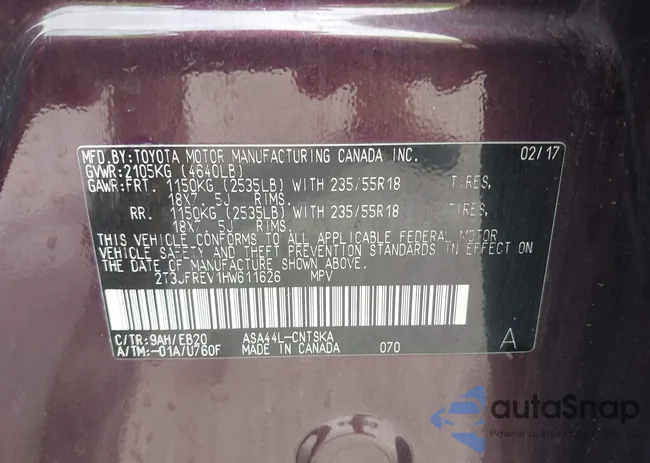 2T3JFREV1HW611626: 42736311