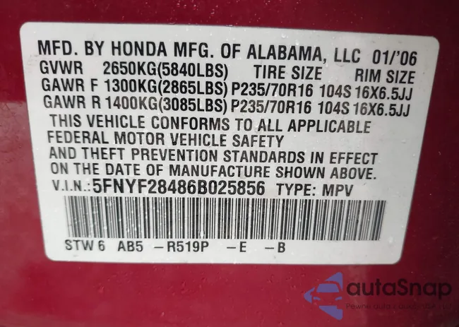 5FNYF28486B025856: 42735843