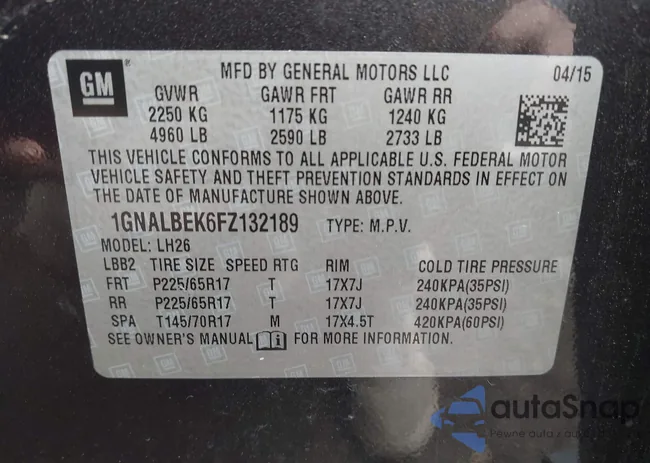 1GNALBEK6FZ132189: 42737622