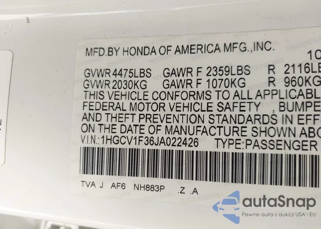 1HGCV1F36JA022426: 42738201