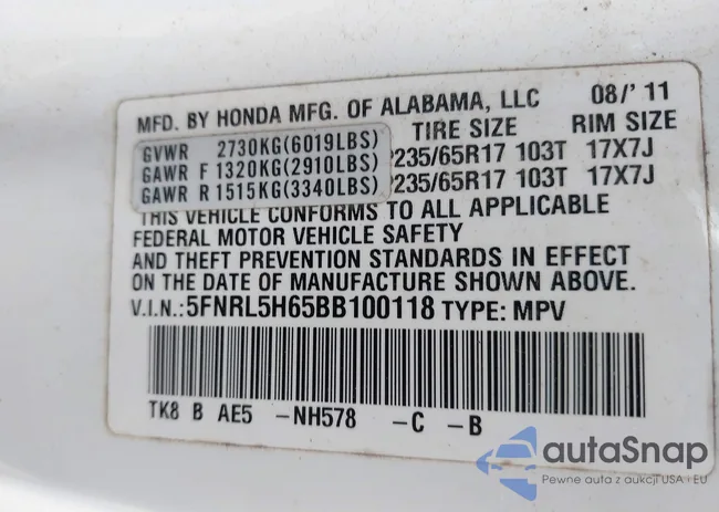 5FNRL5H65BB100118: 42740367