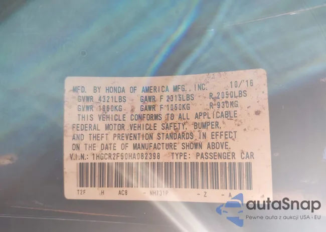 1HGCR2F50HA082398: 42741225