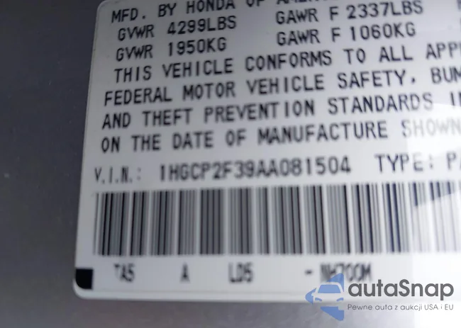 1HGCP2F39AA081504: 42744716
