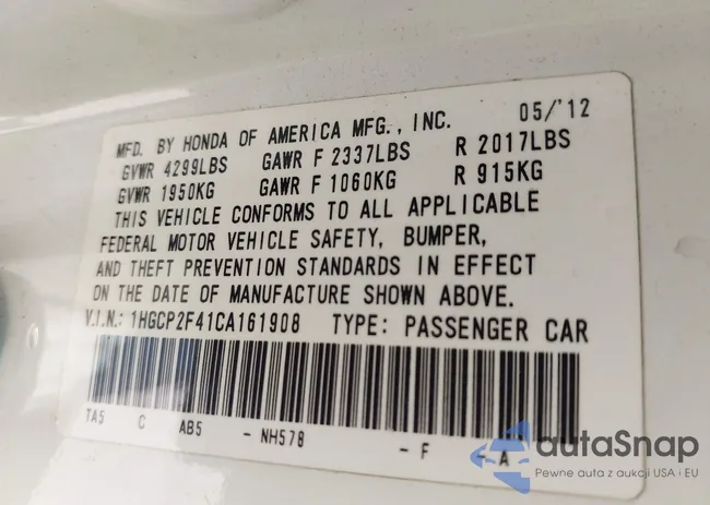 1HGCP2F41CA161908: 42745456