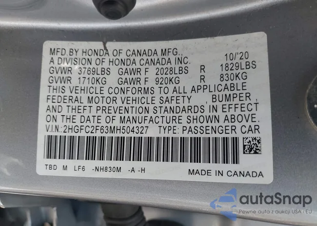 2HGFC2F63MH504327: 42750507