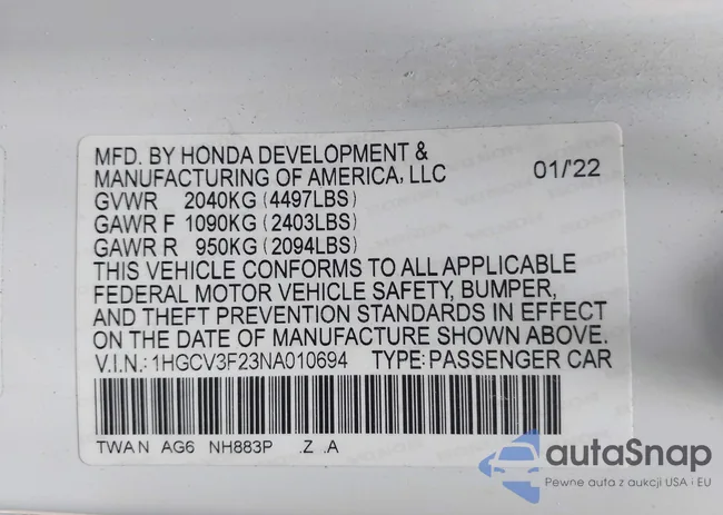 1HGCV3F23NA010694: 42751453