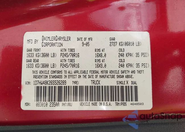 1D7HW48K26S526289: 42750931