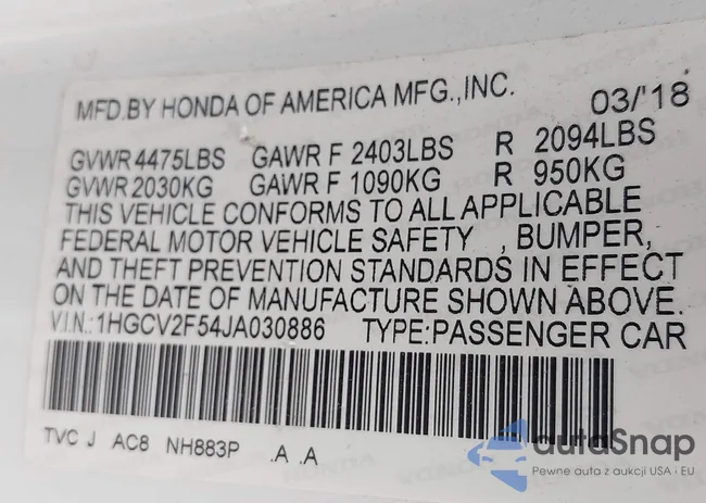 1HGCV2F54JA030886: 42754567