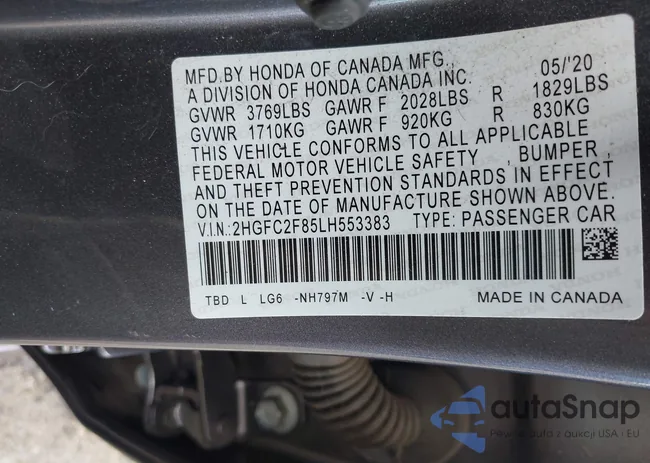 2HGFC2F85LH553383: 42755285