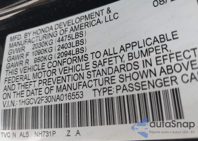 1HGCV2F30NA016553: 42754739