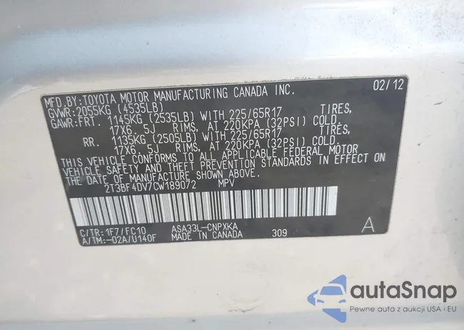 2T3BF4DV7CW189072: 42758501