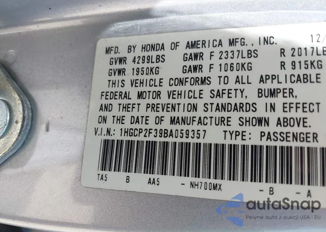 1HGCP2F39BA059357: 42760160