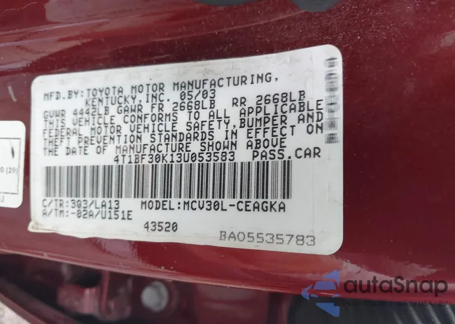 4T1BF30K13U053583: 42764078