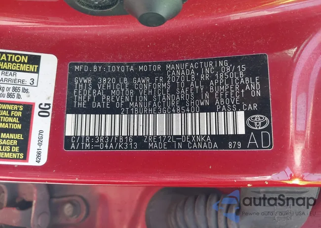 2T1BURHE3GC485400: 42768625