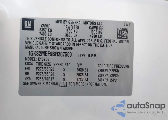 1GKS2MEF9BR287509: 42767834