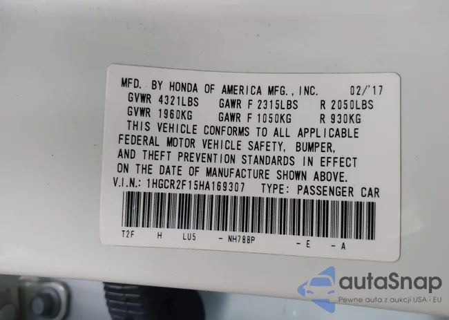 1HGCR2F15HA169307: 42773306