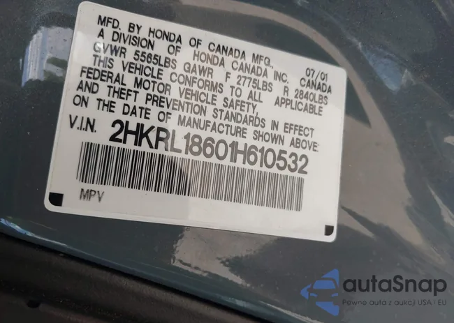 2HKRL18601H610532: 42775590