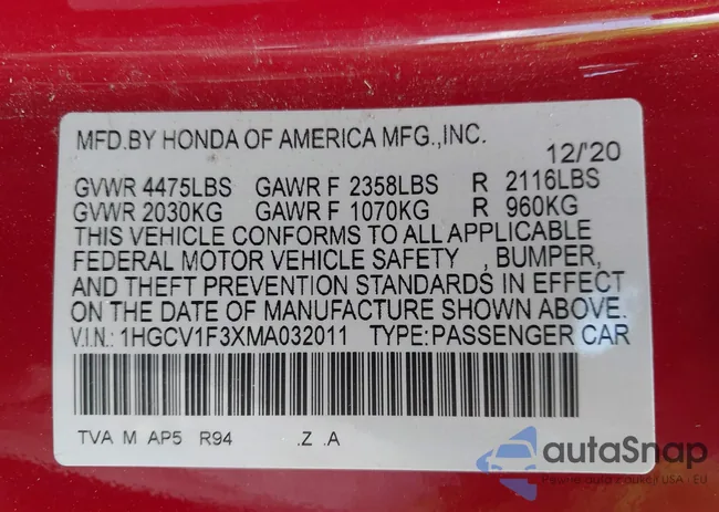 1HGCV1F3XMA032011: 42775889