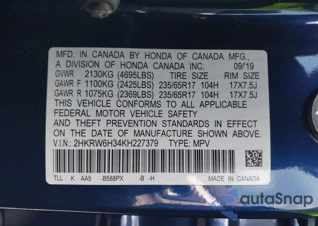 2HKRW6H34KH227379: 42780235