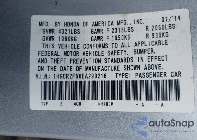 1HGCR2F56EA290216: 42782226