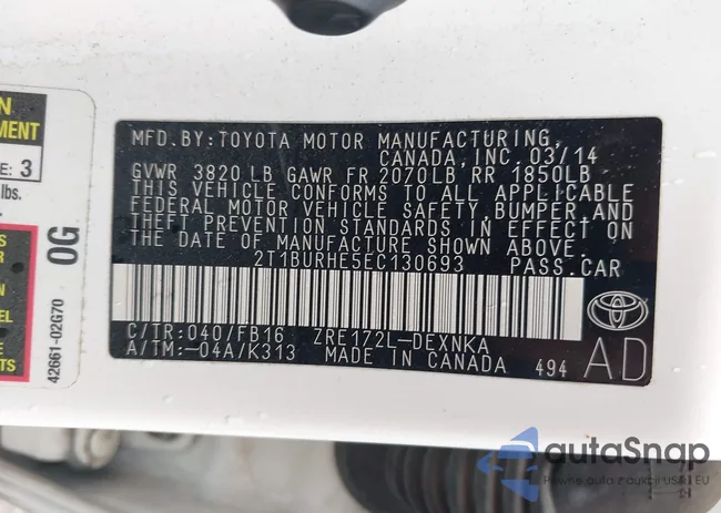 2T1BURHE5EC130693: 42783505