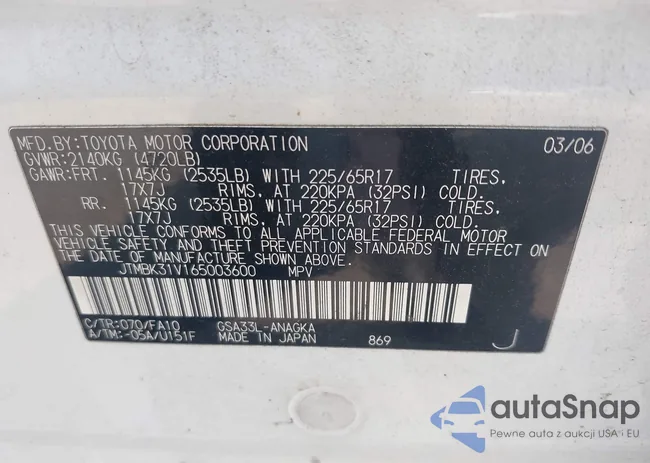 JTMBK31V165003600: 42782705