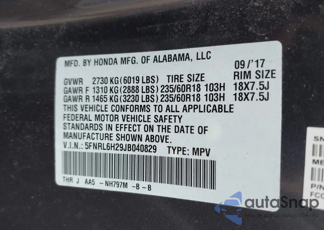 5FNRL6H29JB040829: 42783760