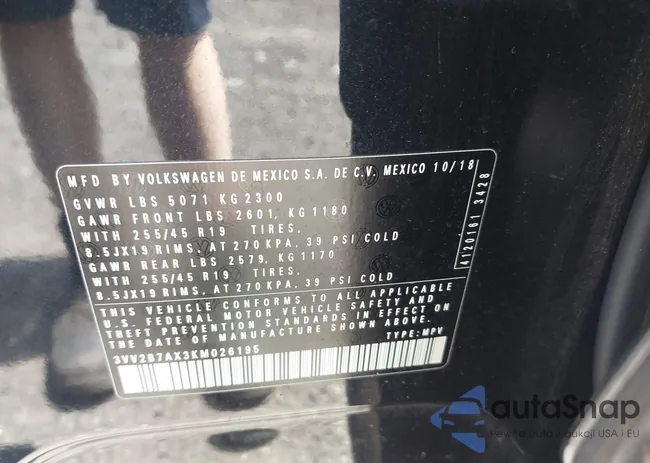 3VV2B7AX3KM026195: 42787344