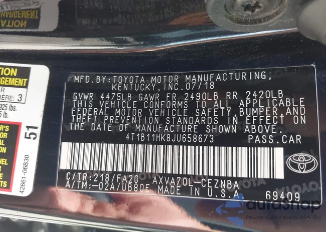 4T1B11HK8JU658673: 42788340