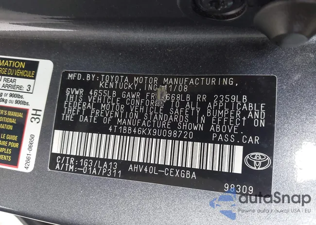 4T1BB46KX9U098720: 42787577