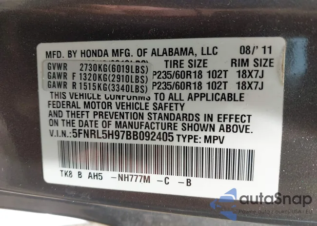 5FNRL5H97BB092405: 42787889