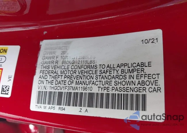 1HGCV1F37MA119610: 42790471