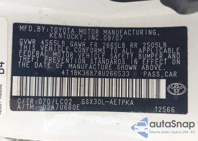 4T1BK36B78U266533: 42789788