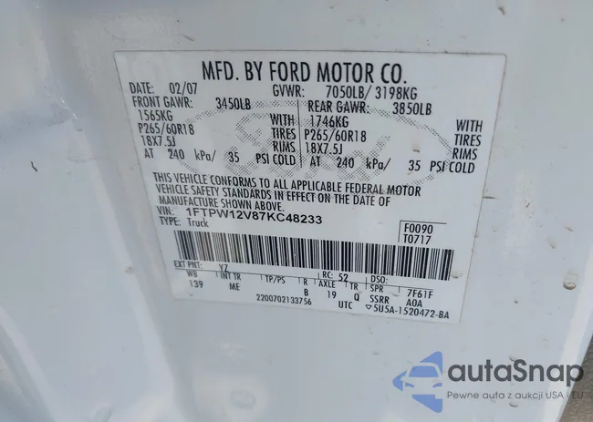 1FTPW12V87KC48233: 42794588