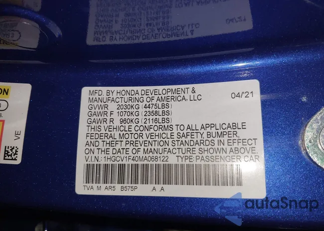 1HGCV1F40MA068122: 42796970