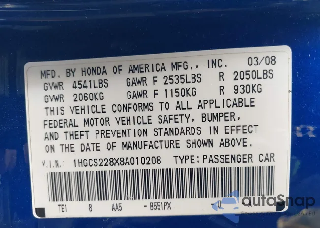 1HGCS228X8A010208: 42798223