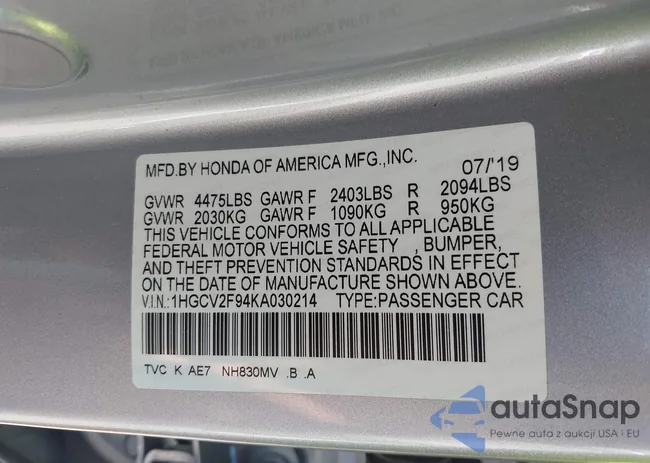 1HGCV2F94KA030214: 42800050