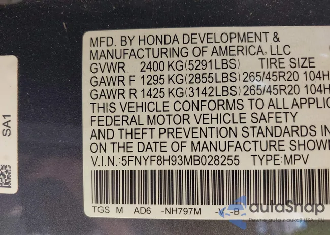 5FNYF8H93MB028255: 42800449