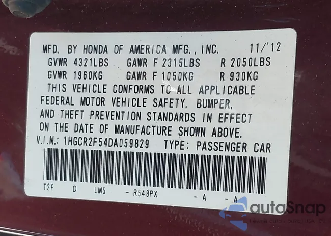 1HGCR2F54DA059829: 42800484