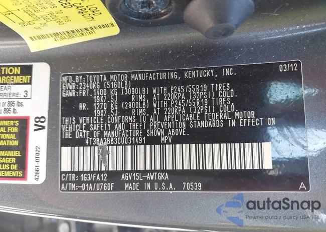 4T3BA3BB3CU031491: 42802562